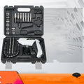 Black rechargeable lithium battery screwdriver with pistol grip on a workbench.