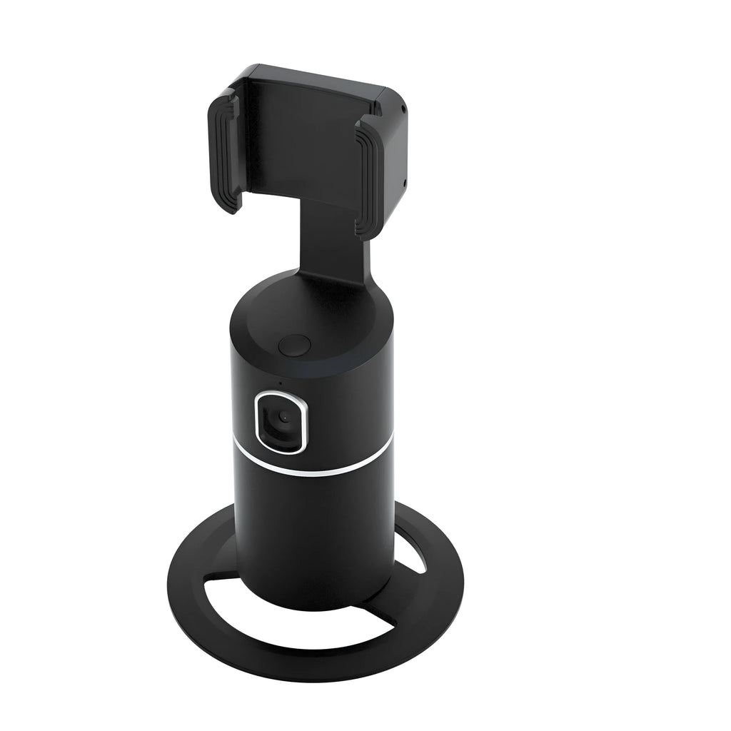 Smart tracking gimbal with 360-degree rotation and clip for smartphone stabilisation in black, pink, or white