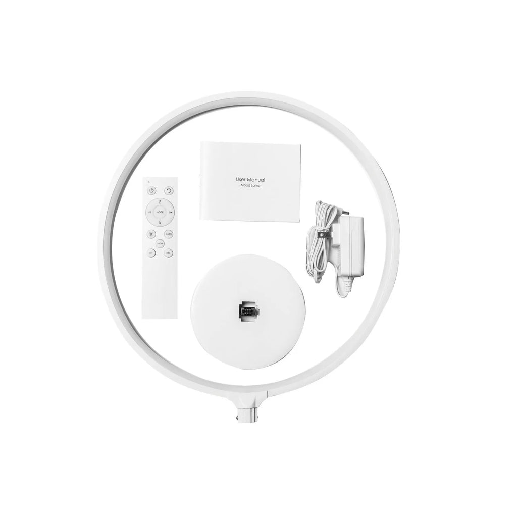 White Full Moon Lamp with remote control showing colour changing and warm white lighting modes