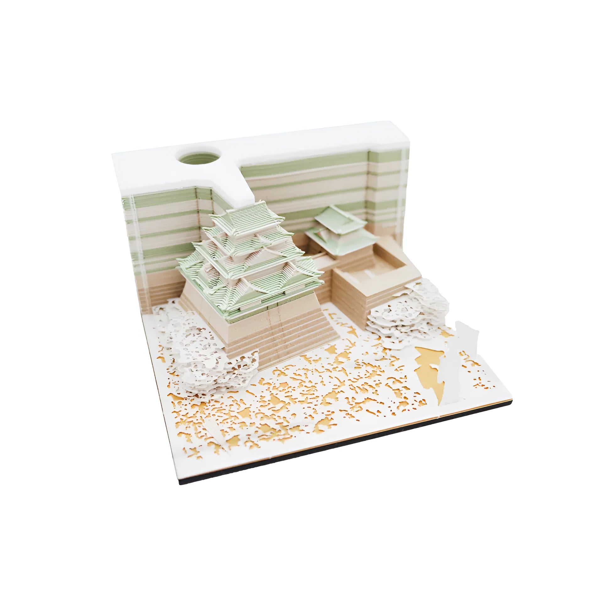 Spirited Away Tianshou Tower 3D papercraft architectural model kit in gold, pink, or white.