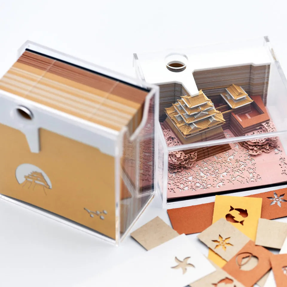 Spirited Away Tianshou Tower 3D papercraft architectural model kit in gold, pink, or white.