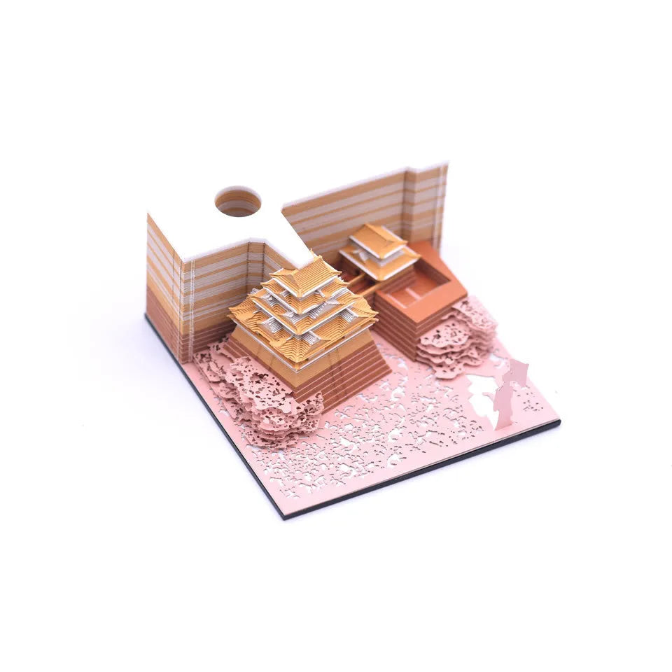 Spirited Away Tianshou Tower 3D papercraft architectural model kit in gold, pink, or white.