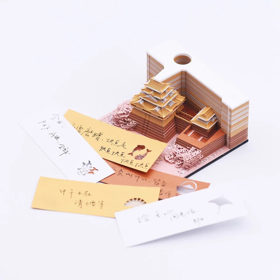 Spirited Away Tianshou Tower 3D papercraft architectural model kit in gold, pink, or white.