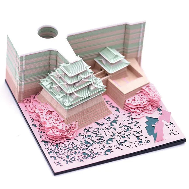 Spirited Away Tianshou Tower 3D papercraft architectural model kit in gold, pink, or white.