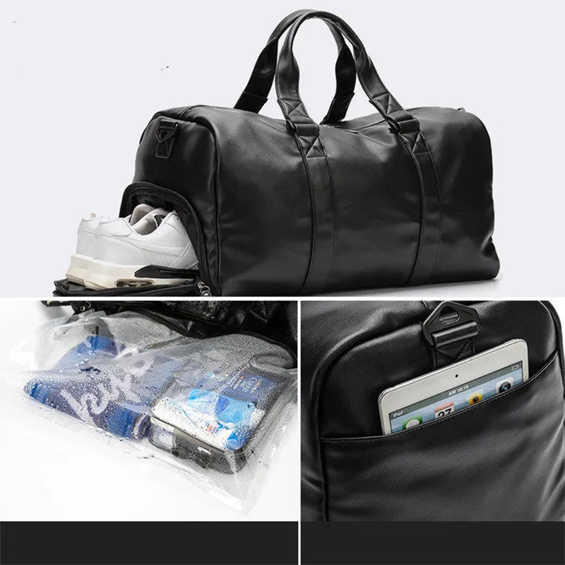 Black PU leather sports training bag with external handles, shoulder strap, and multiple internal organisational pockets.