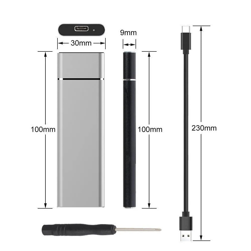 Silver M.2 NGFF to USB 3.1 SSD enclosure in solid aluminium alloy with data line and screwdriver