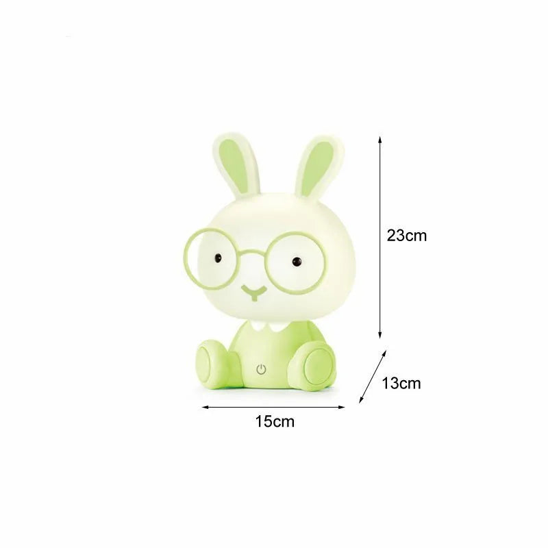 USB cartoon rabbit night light with glasses, dimmable LED bedside lamp in blue, green or pink