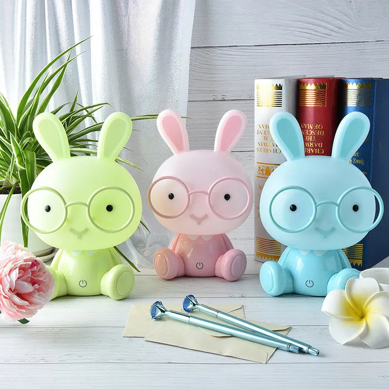 USB cartoon rabbit night light with glasses, dimmable LED bedside lamp in blue, green or pink