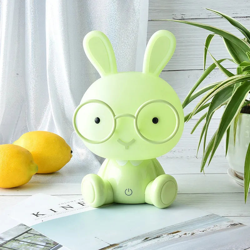USB cartoon rabbit night light with glasses, dimmable LED bedside lamp in blue, green or pink