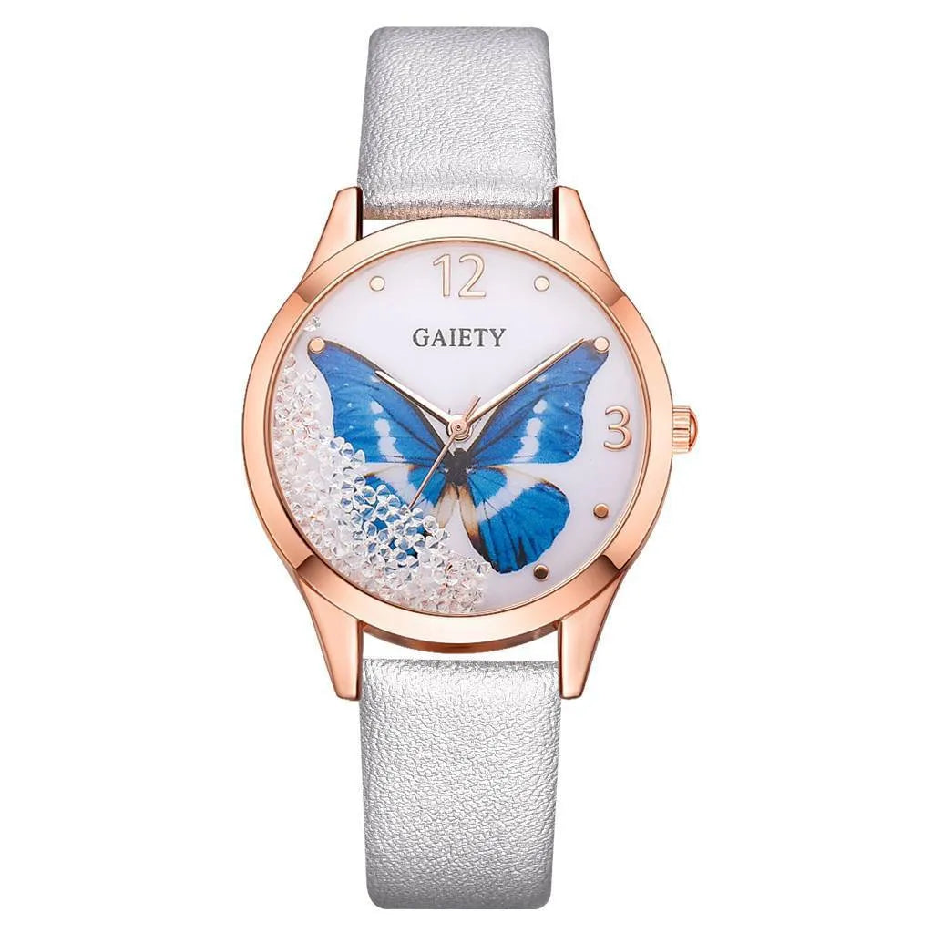 Gaiety ladies dress watch with rhinestone butterfly decoration on 39mm round dial and alloy case