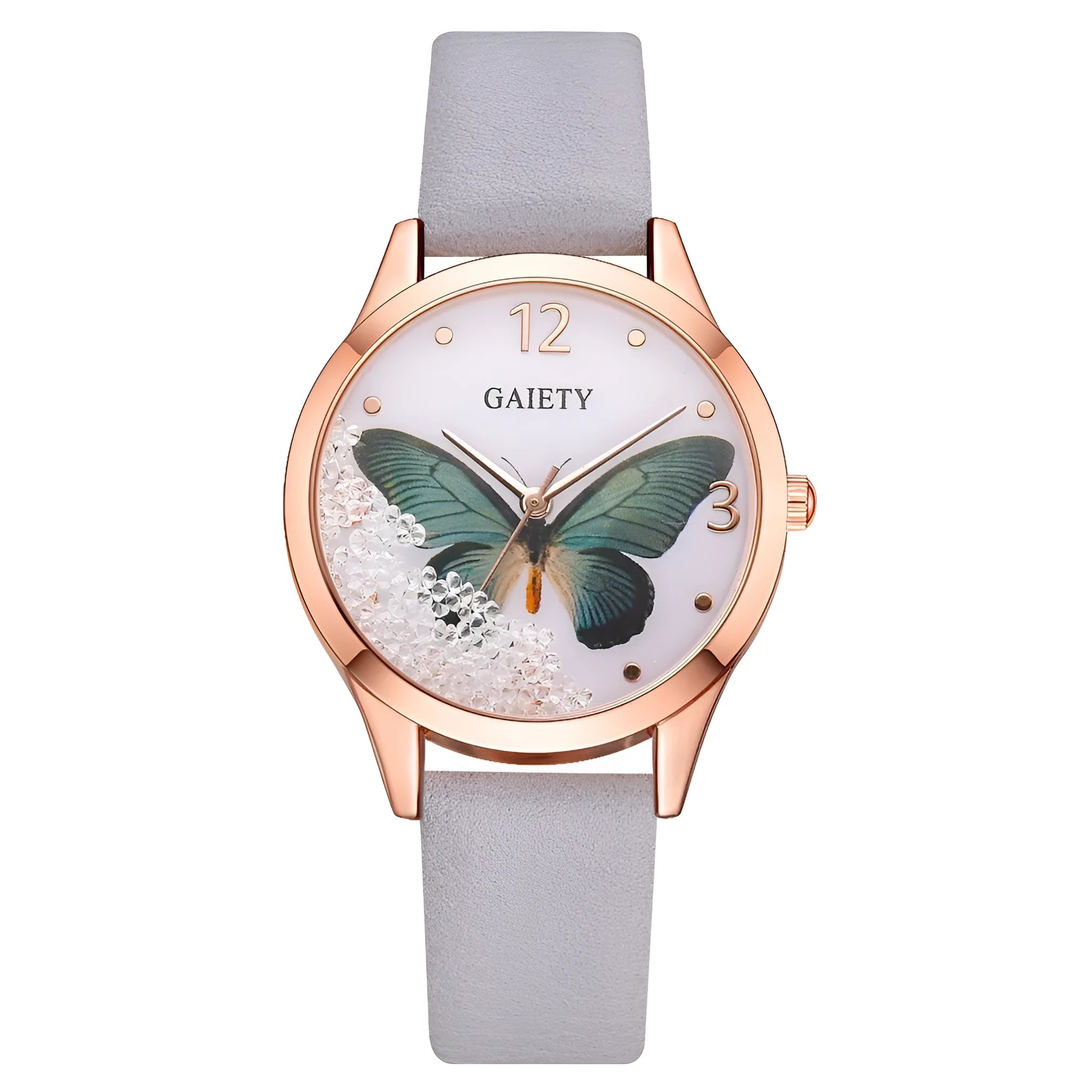 Gaiety ladies dress watch with rhinestone butterfly decoration on 39mm round dial and alloy case