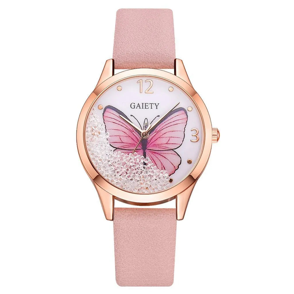 Gaiety ladies dress watch with rhinestone butterfly decoration on 39mm round dial and alloy case