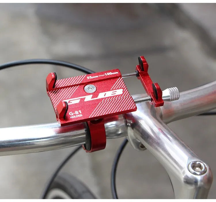 Aluminium alloy bicycle phone holder with 360-degree rotation on a bike handlebar.