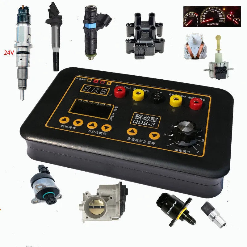 Black ABS car fault diagnosis instrument for ignition coil, injector, and solenoid valve testing on 12V systems.