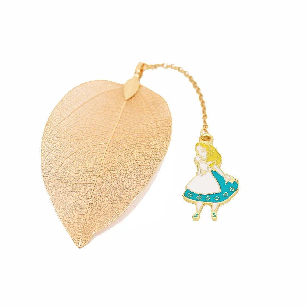 KC alloy leaf-shaped bookmark with Alice, rabbit, or clock charm designs