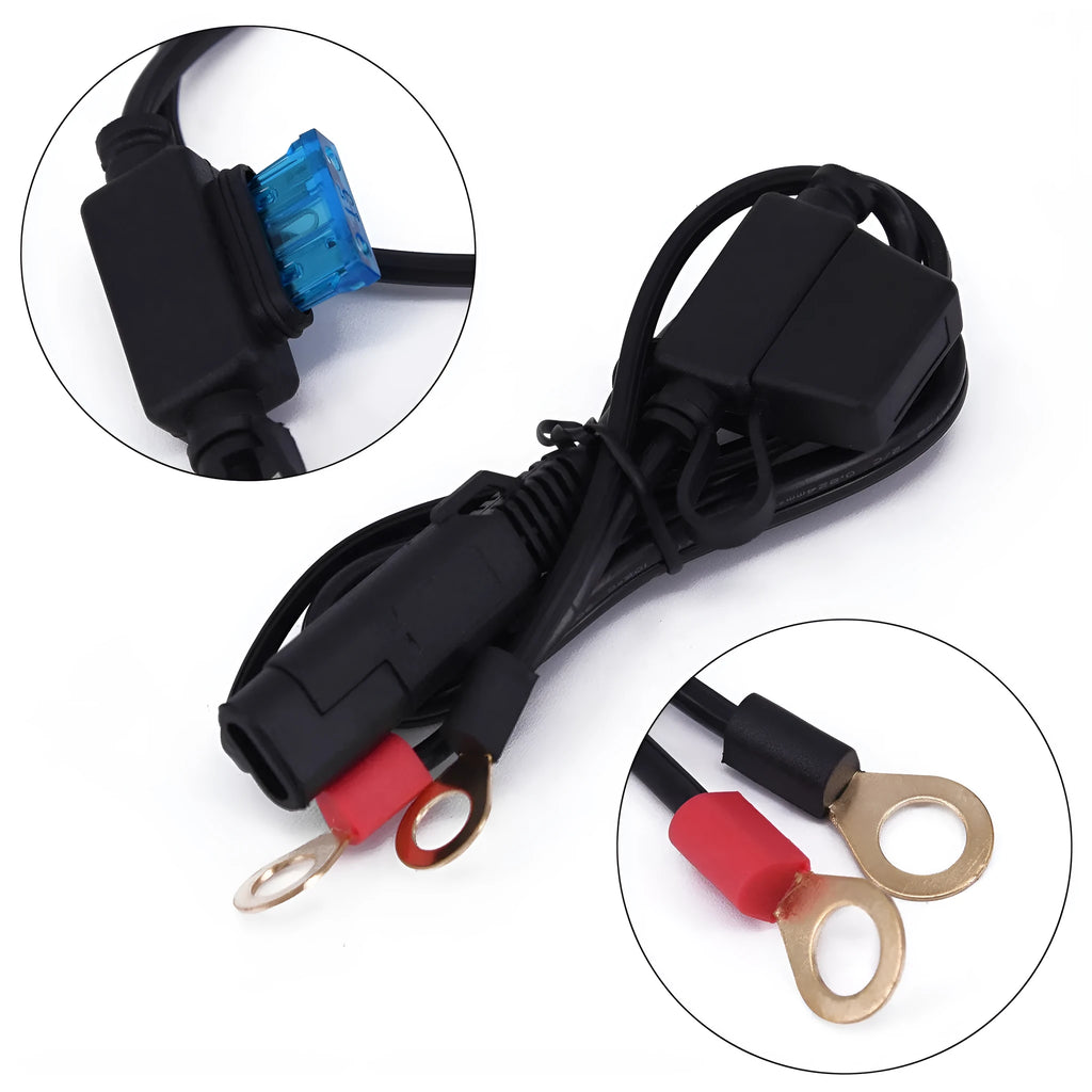 12V motorcycle battery charging cable 18AWG 6cm long black red blue SAE connector