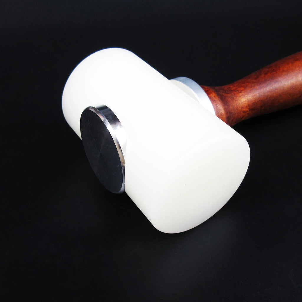 Brown handled T-shaped leather carving hammer with white nylon head for stamping and engraving
