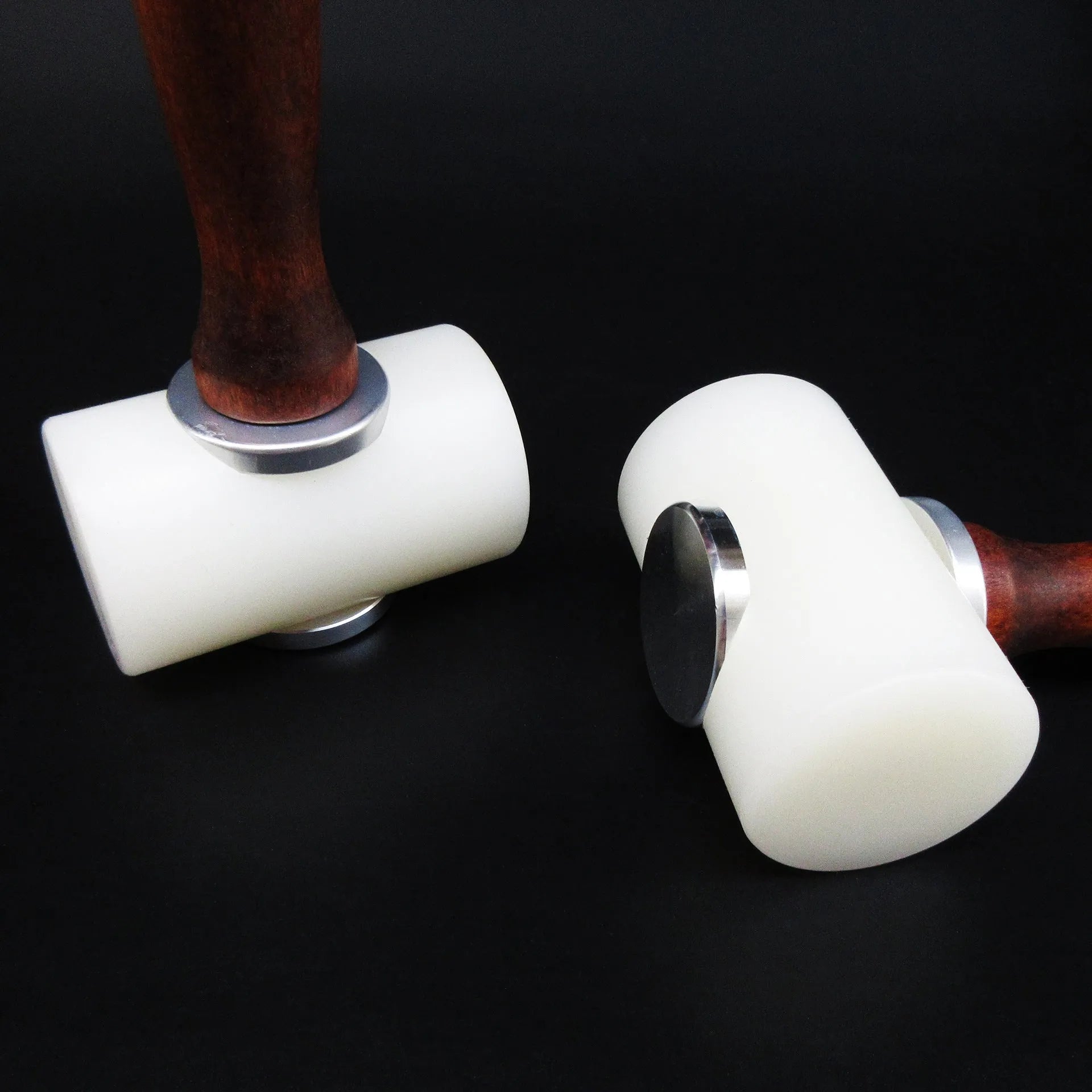 Brown handled T-shaped leather carving hammer with white nylon head for stamping and engraving