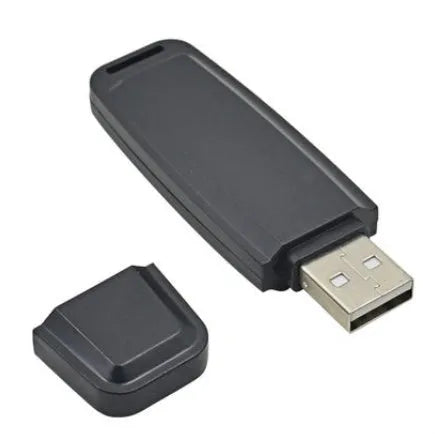 Black and white plastic USB flash drive with voice function showing dimensions and capacity options