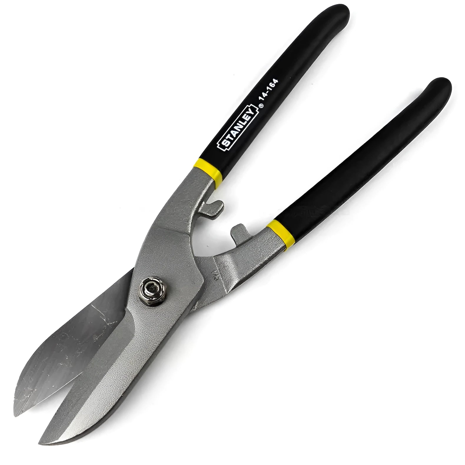 Yellow-handled high carbon steel barbed wire shears on a workbench
