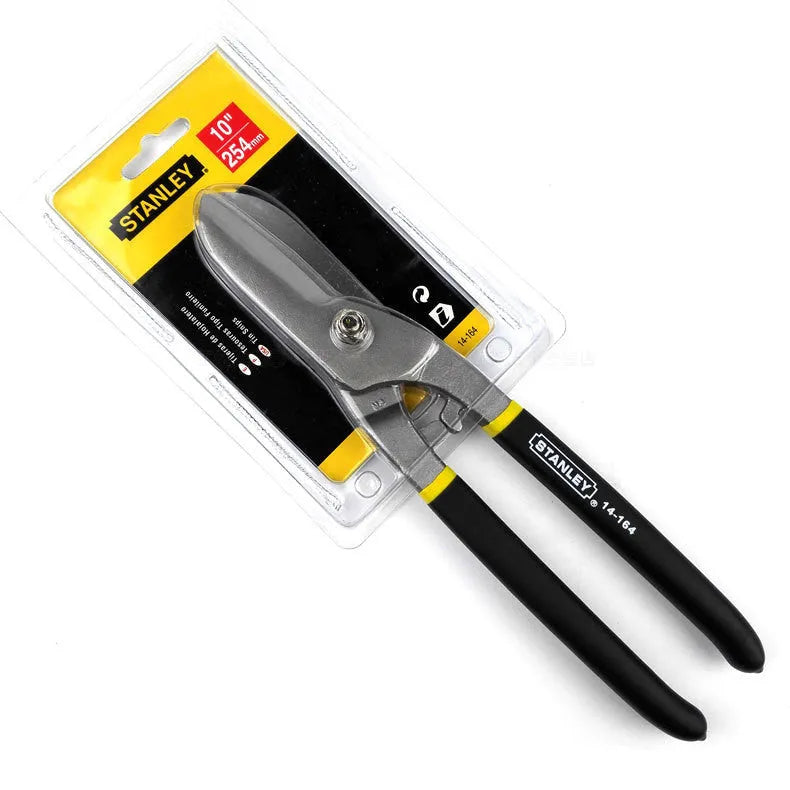 Yellow-handled high carbon steel barbed wire shears on a workbench