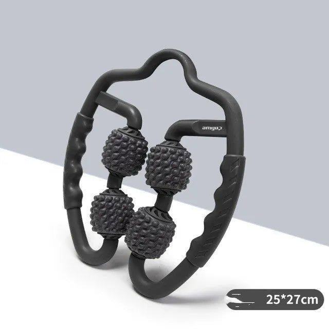 Black and blue leg massager with PP plastic body, 28.5cm x 23.5cm, showing foot placement positions