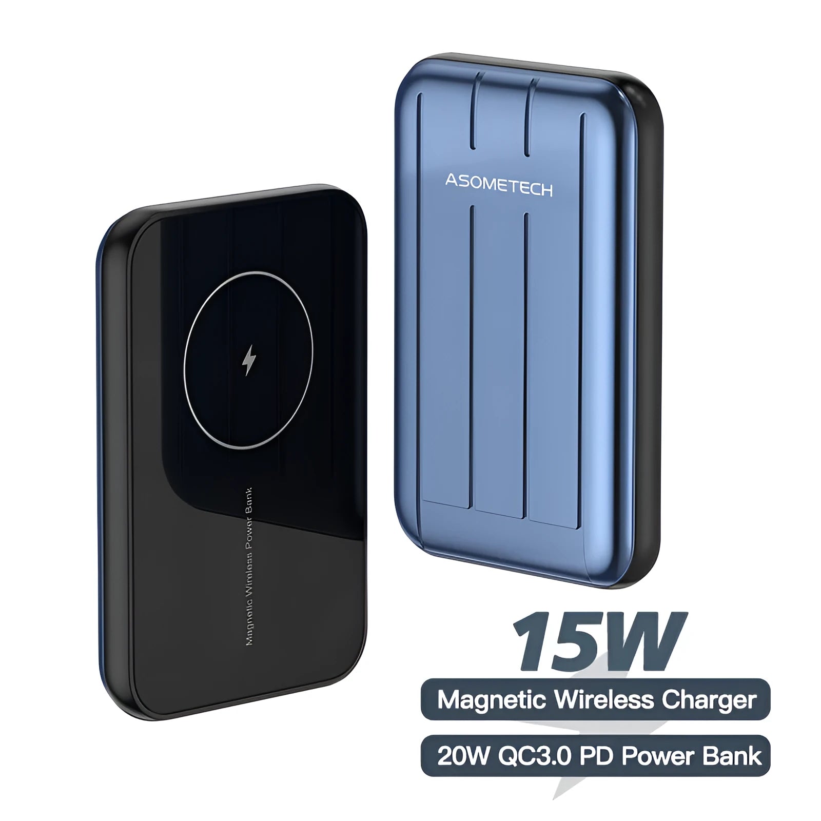Blue magnetic wireless charging power bank for iPhone 12 with 5000mAh capacity on a table.