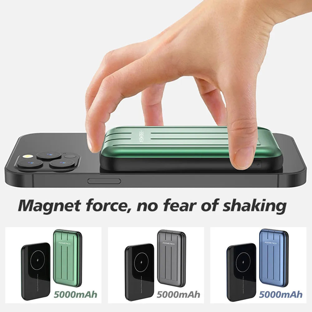 Blue magnetic wireless charging power bank for iPhone 12 with 5000mAh capacity on a table.