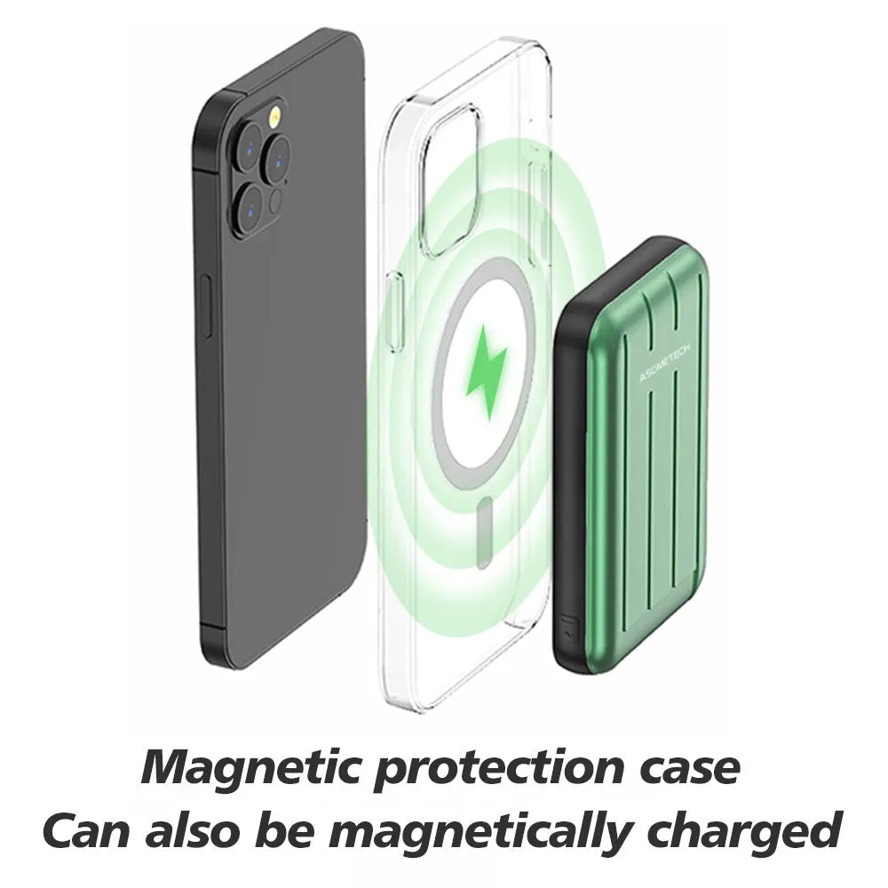Blue magnetic wireless charging power bank for iPhone 12 with 5000mAh capacity on a table.