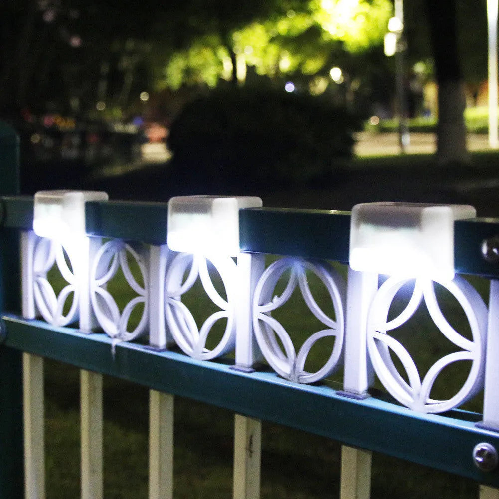 White solar railing light mounted on outdoor stair with LED illumination