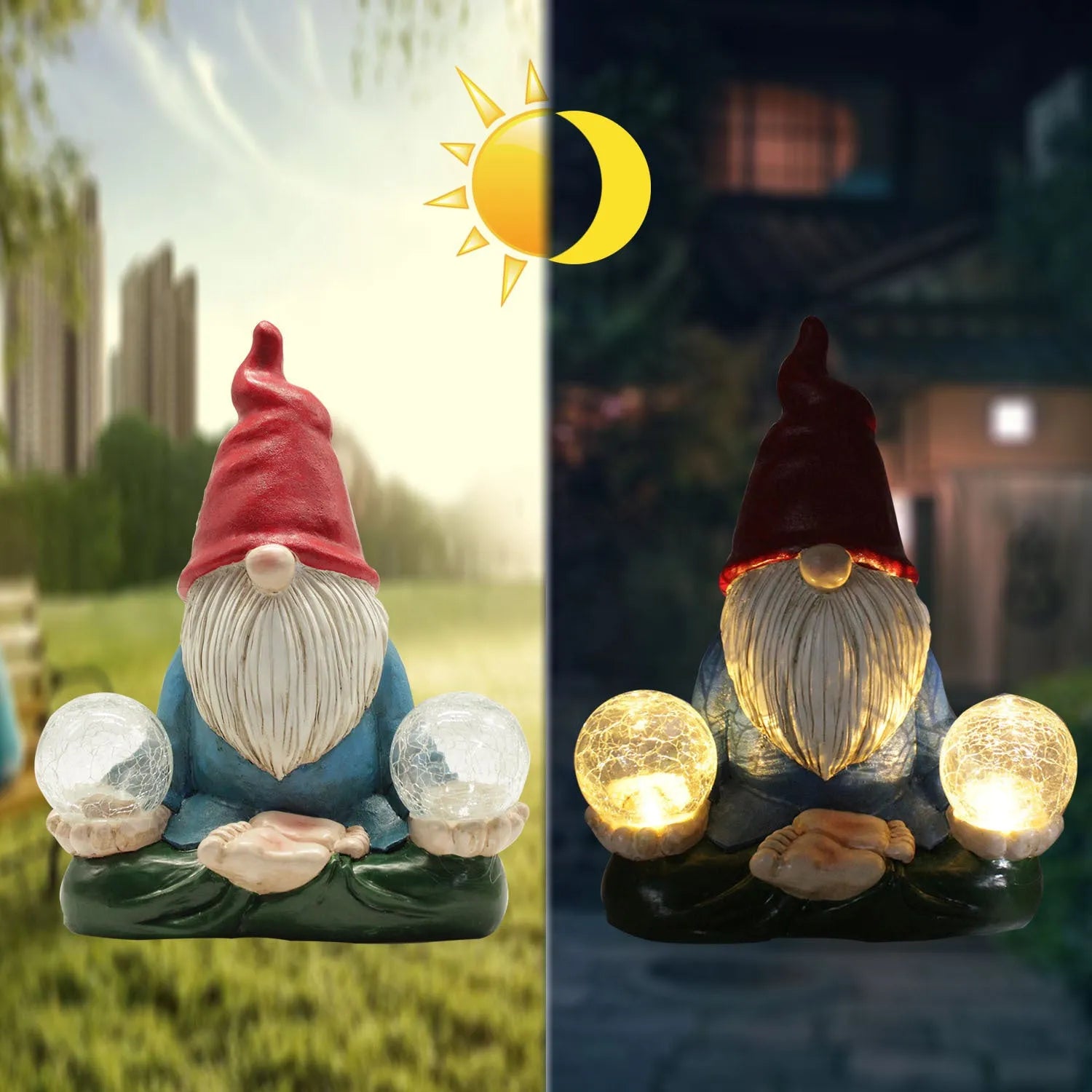 Solar LED resin dwarf garden ornament with faceless old man design measuring 27x20cm