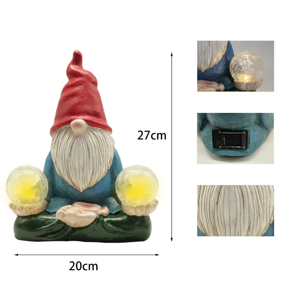 Solar LED resin dwarf garden ornament with faceless old man design measuring 27x20cm