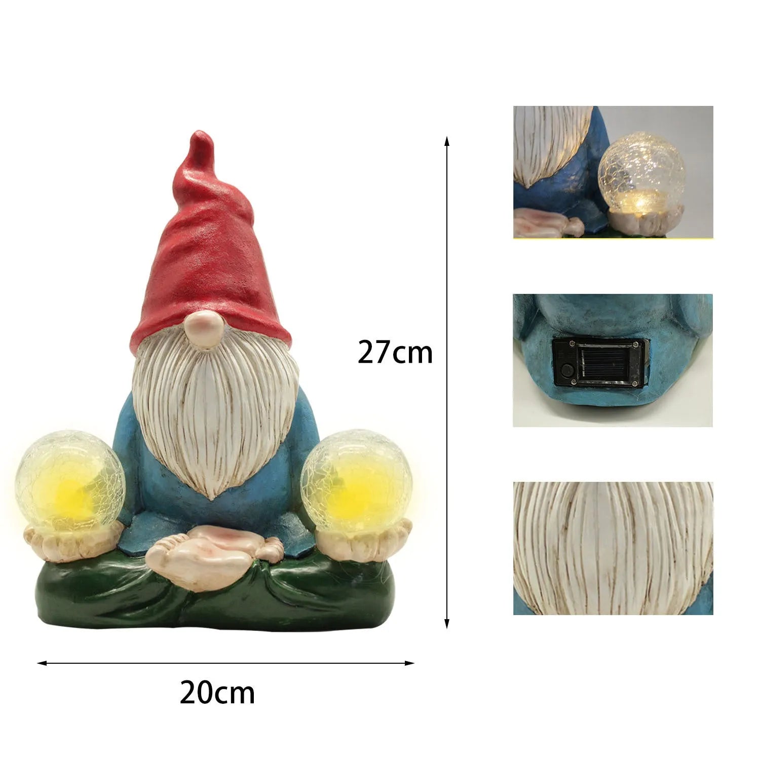 Solar LED resin dwarf garden ornament with faceless old man design measuring 27x20cm