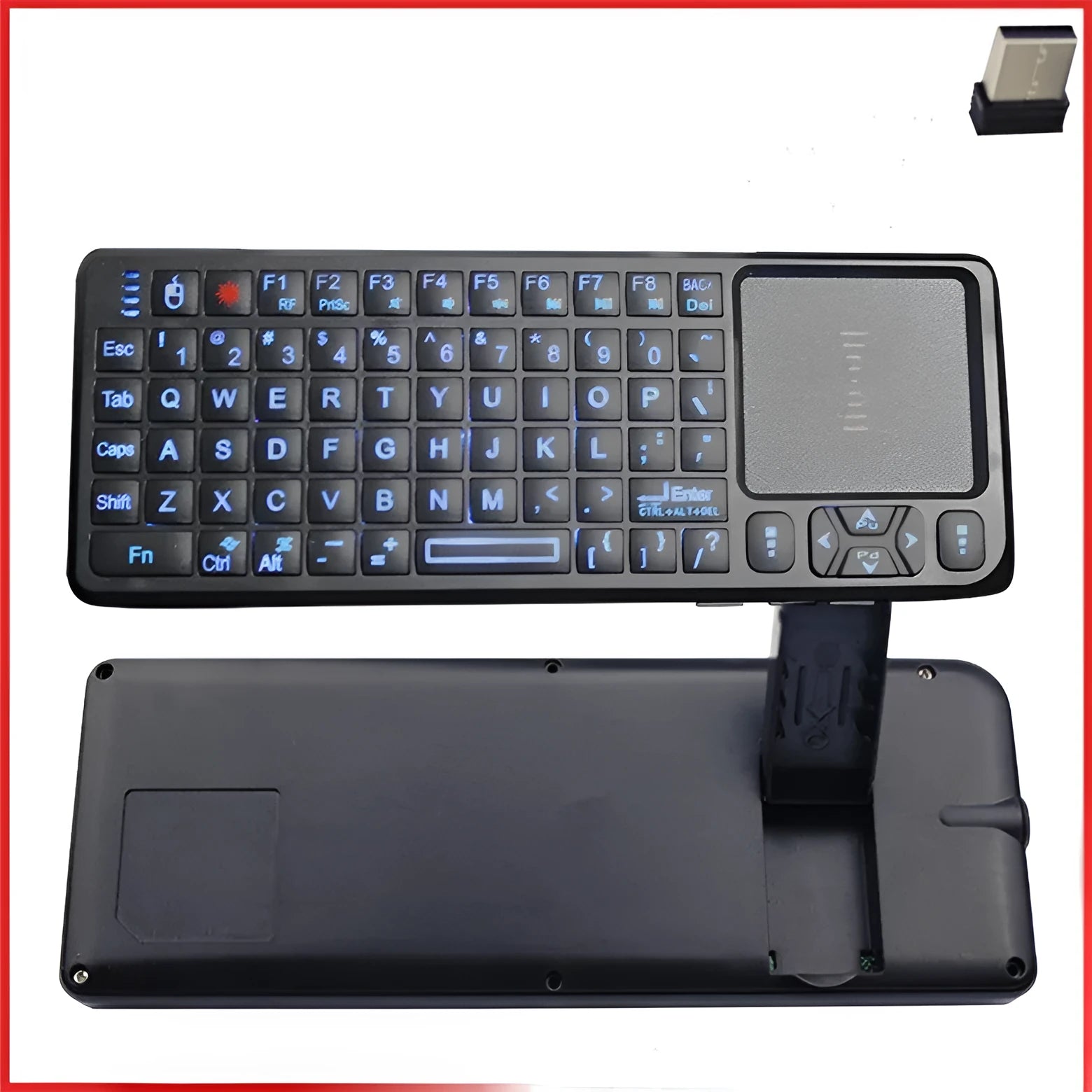 Black compact wireless keyboard with touch screen and matching mouse on a desk.