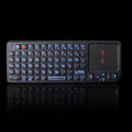 Black laser teaching mini wireless keyboard with integrated touch screen showing dimensions.