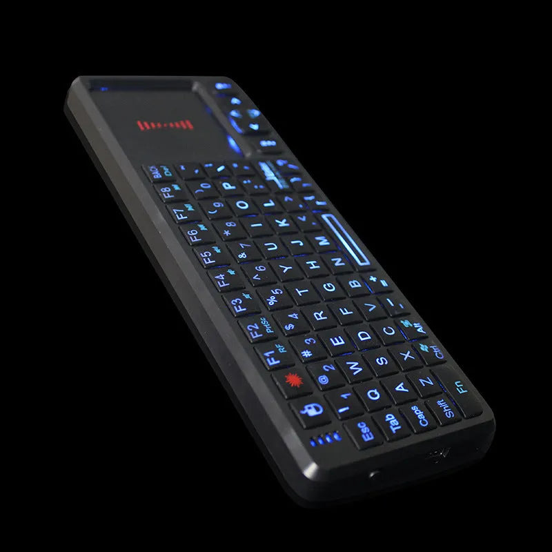 Black wireless laser teaching mini keyboard with touch screen, shown with USB receiver.
