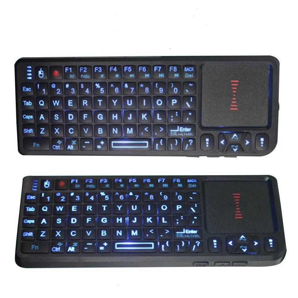 Black laser teaching mini wireless keyboard with integrated touch screen showing dimensions.