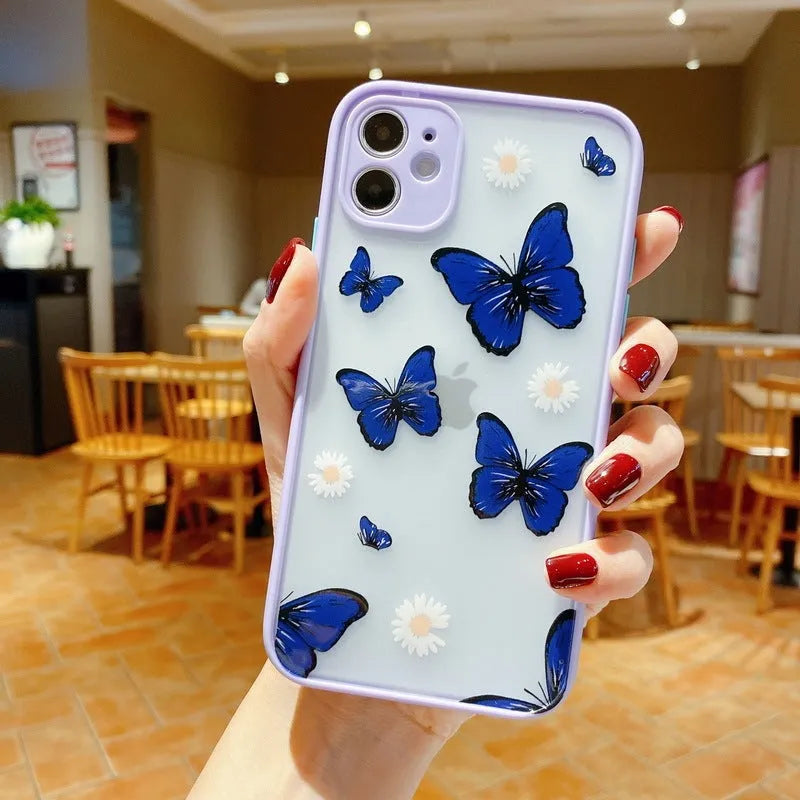 Butterfly pattern iPhone case in pink, purple or light blue colours with acrylic back and soft edges