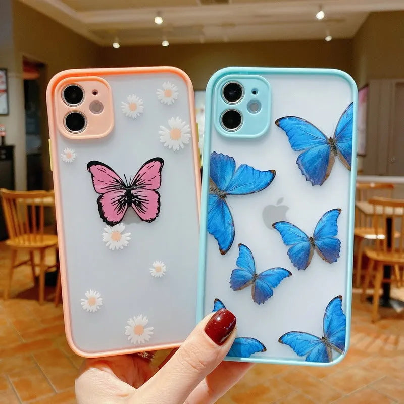Butterfly pattern iPhone case in pink, purple or light blue colours with acrylic back and soft edges