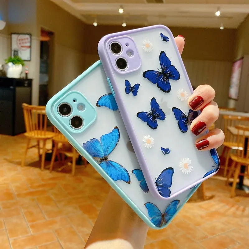 Butterfly pattern iPhone case in pink, purple or light blue colours with acrylic back and soft edges