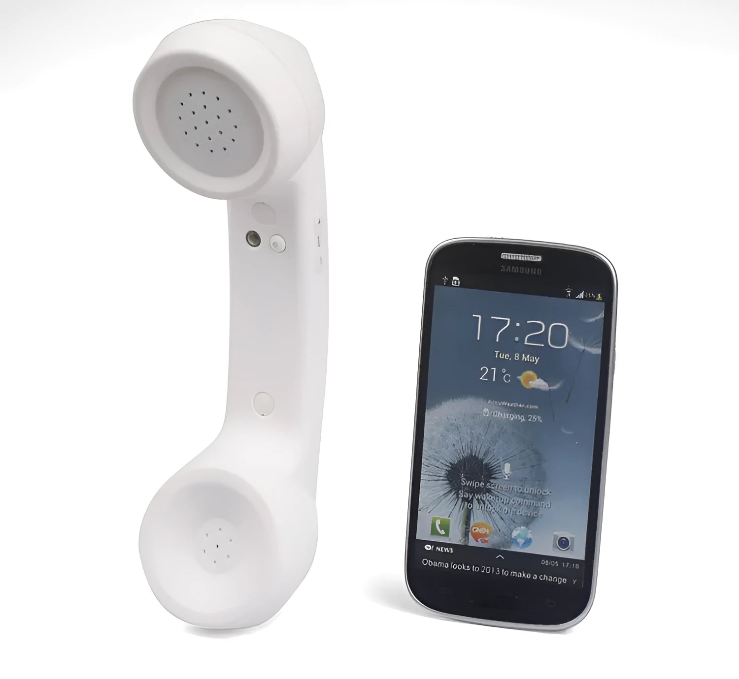 Black Bluetooth retro phone handset headset with ear hooks shown on a white background.