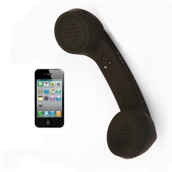 Black Bluetooth retro phone handset headset with ear hooks shown on a white background.