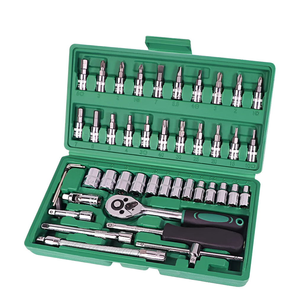 Green plastic box containing a 46-piece metric car repair tool set with ratchet, sockets, and wrenches.