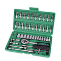 Green plastic box containing a 46-piece metric car repair tool set with ratchet, sockets, and wrenches.