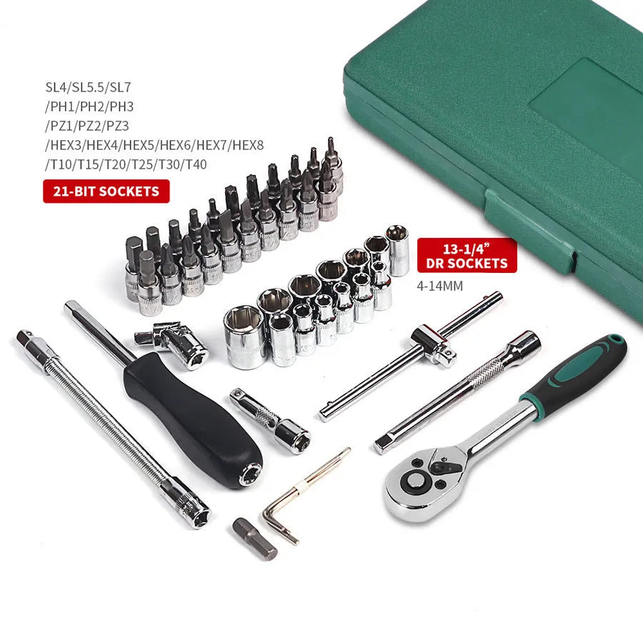 Green plastic box containing a 46-piece metric car repair tool set with ratchet, sockets, and wrenches.