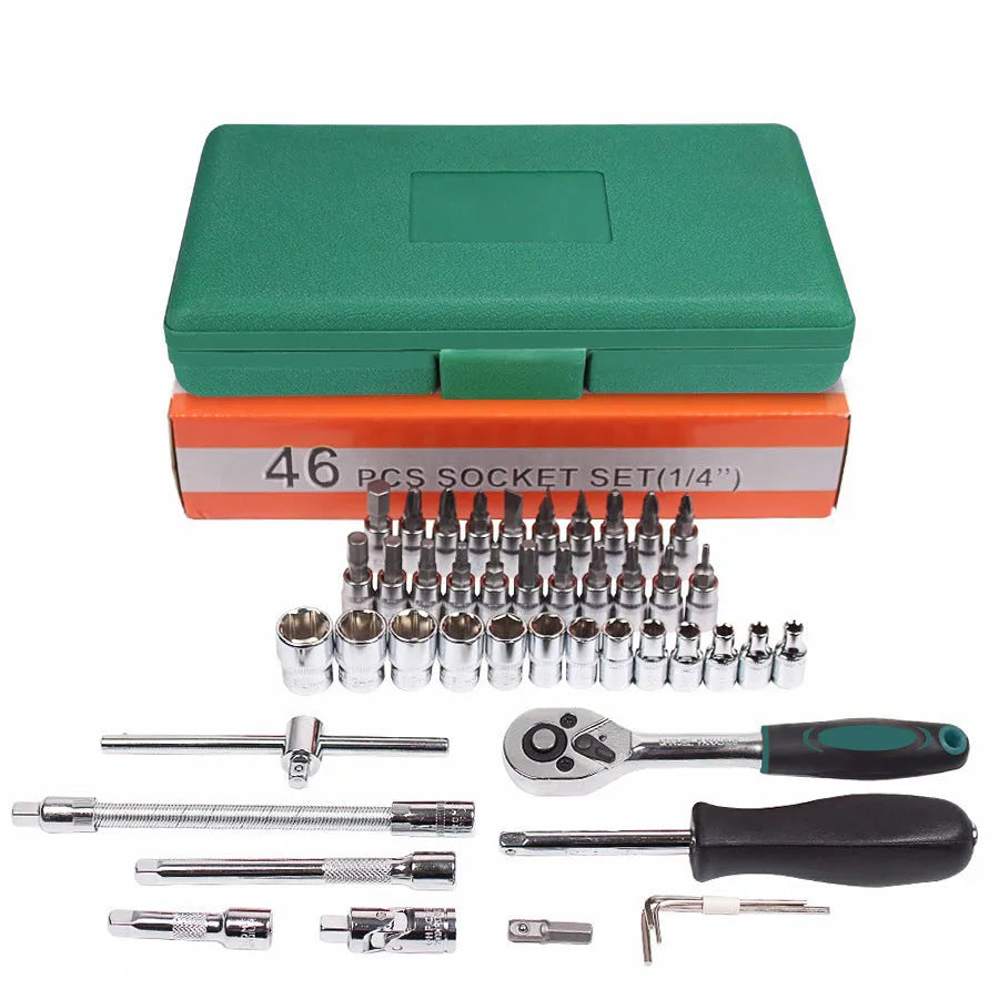 Green plastic box containing a 46-piece metric car repair tool set with ratchet, sockets, and wrenches.