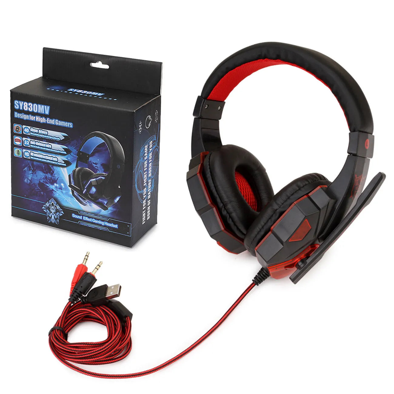 Light-up gaming headset with braided cable and tanned leather ear cushions in black and red colour option