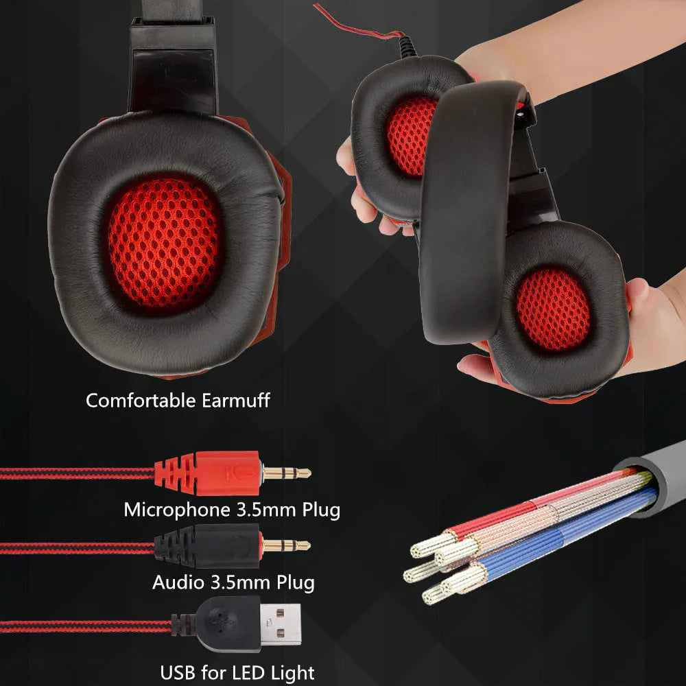 Light-up gaming headset with braided cable and tanned leather ear cushions in black and red colour option