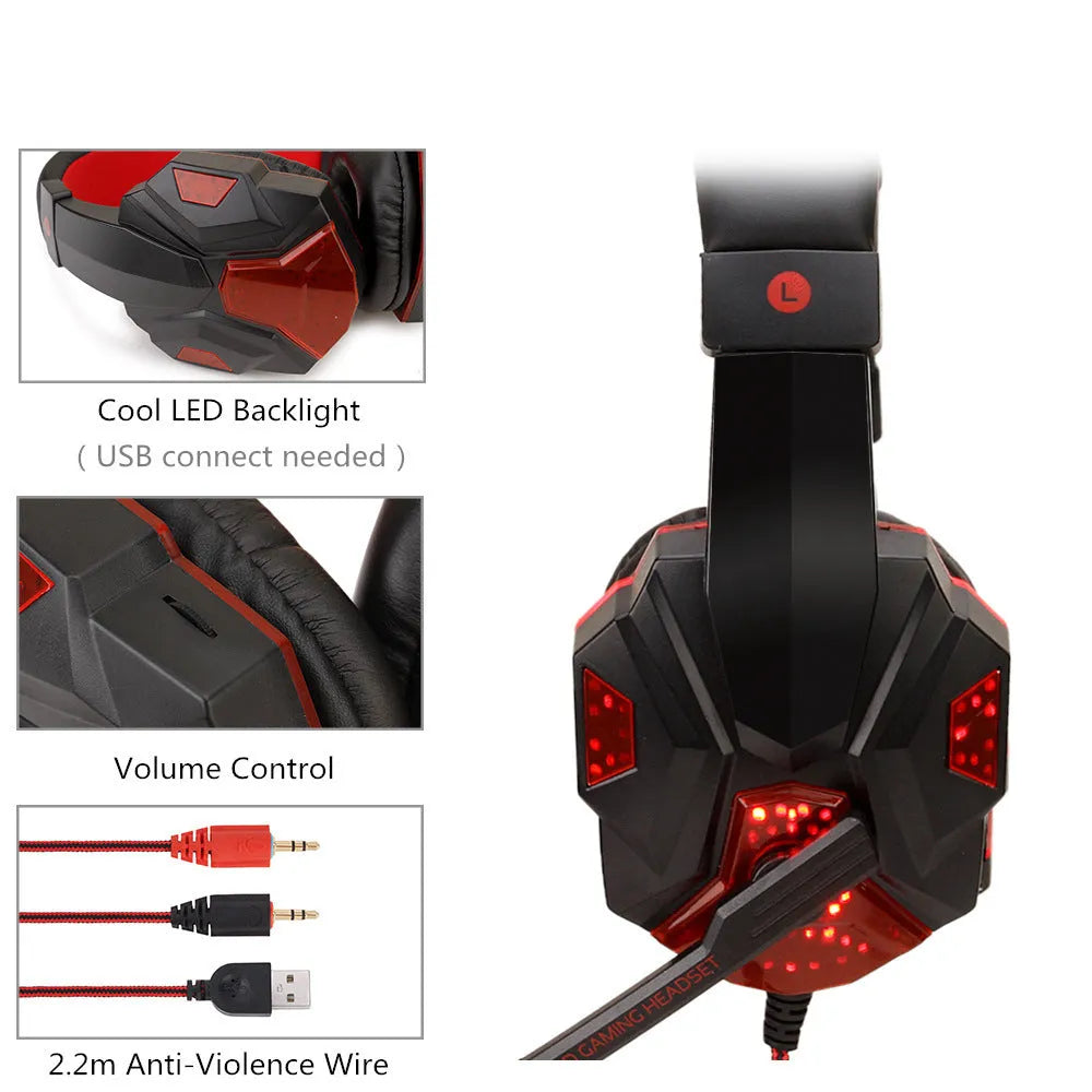 Light-up gaming headset with braided cable and tanned leather ear cushions in black and red colour option