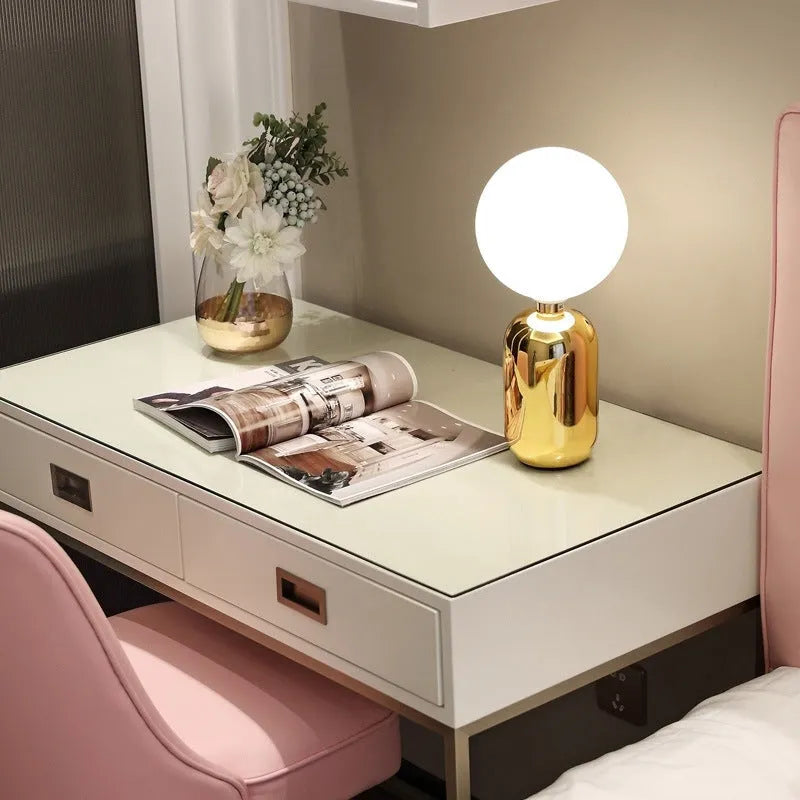 Modern creative bedside ball table lamp with metal holder in white finish